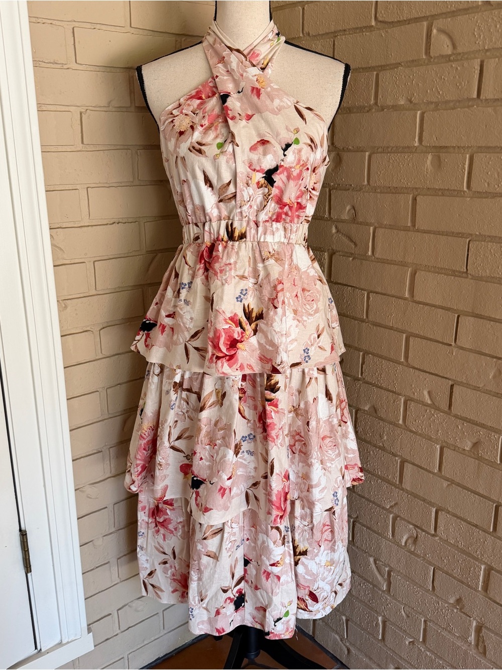 Express Floral Linen Ruffle Maxi Dress S Pink Vacation Resort Wedding Guest